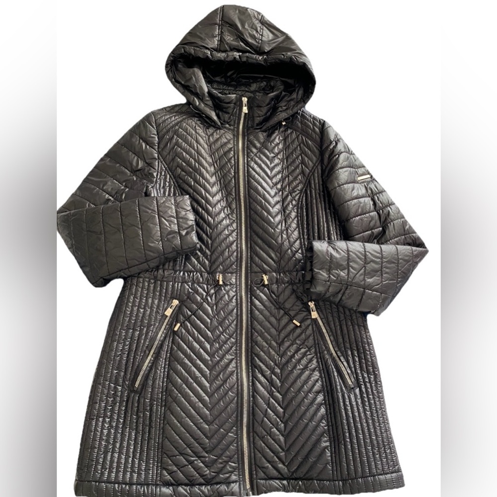 Karl Lagerfeld Black Quilted Hooded Puffer Coat Size M